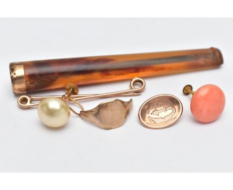 A CHEROOT AND AF JEWELLERY, faux tortoiseshell cheroot, mounted with a yellow gold collar, hallmarked 9ct London 1918, length