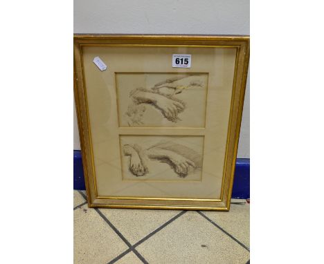 TWO LATE 19th / EARLY 20th CENTURY SEPIA PEN ON PAPER SKETCHES DEPICTING FOUR HANDS AND A SIDE PROFILE PORTRAIT, unsigned but