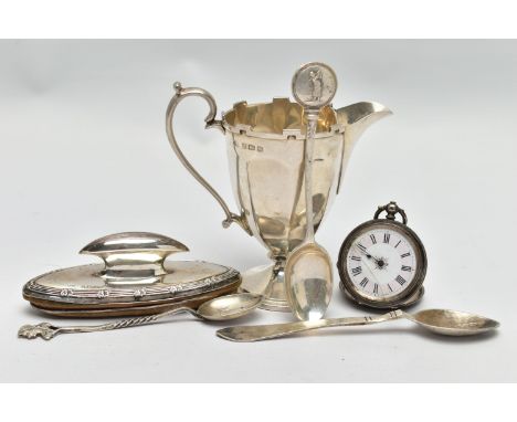 AN ASSORTMENT OF SILVER ITEMS, to include a 'Georg Jensen' teaspoon with maker's mark and date for 1915-1932 approximate leng