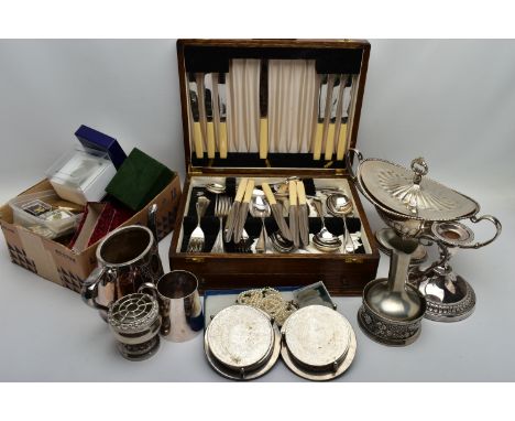 A CANTEEN, WHITE METAL WARE AND COSTUME JEWELLERY, wooden canteen complete with cutlery, a white metal dish with cover, rose 