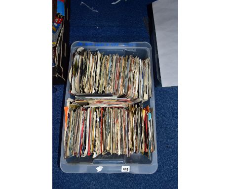 A BOX OF VINYL SINGLES, over two hundred and fifty records, plain and picture sleeves, a few have larger holes for jukeboxes,