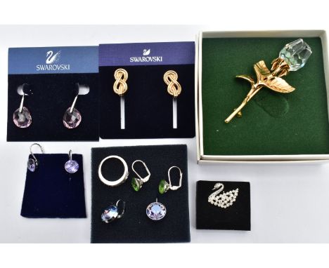 A BOX OF 'SWAROSKI' JEWELLERY, to include three pairs of Swarovski crystal drop earrings with boxes, a pair of yellow metal k