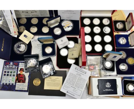 A BOX OF MAINLY MODERN SILVER, SILVER PROOF AND OTHER COINAGE, to include a twelve coin sterling silver proof set (WWII at Se