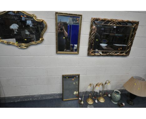 A SELECTION OF MIRRORS AND LIGHTING, to include a rectangular wall mirror, with carved decoration, length 100cm x height 74cm