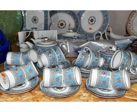 A WEDGWOOD 'FLORENTINE' TURQUOISE DINNER AND TEA SET, comprising eight dinner plates, eight dessert plates, one oval meat pla