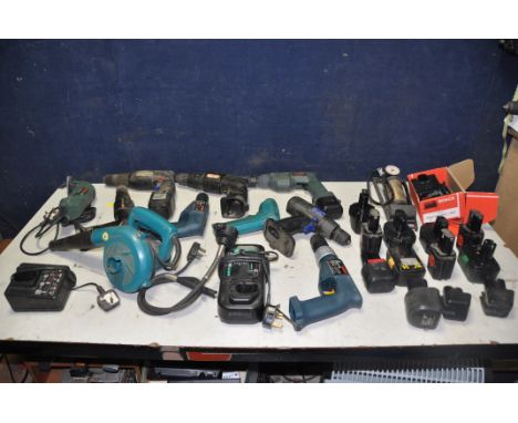 TWO TUBS OF ELECTRICAL TOOLS to include Black and Decker, Bosch and Makita drills chargers and batteries (all UNTESTED)
