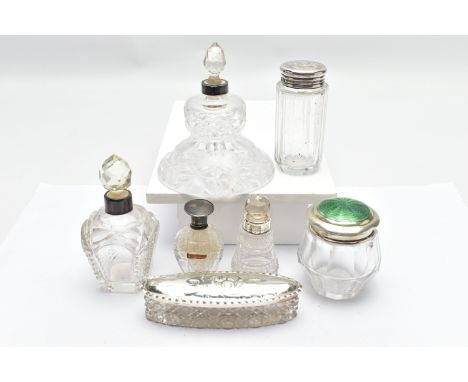 ASSORTED GLASS VANITY JARS, of various shapes, such as an elongated oval jar with an embossed cherub cover, hallmarked 'Willi