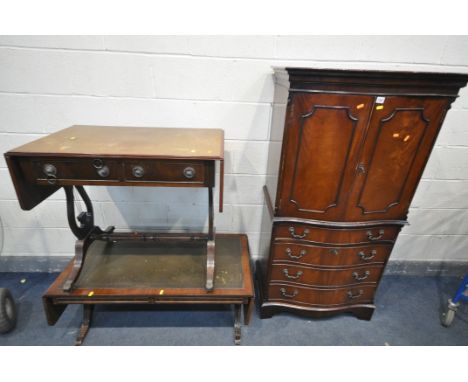 A MAHOGANY SOFA TABLE, with two drawers, a drop leaf coffee table, and a four door drinks cabinet, with two keys (condition:-