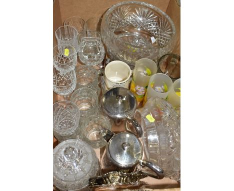 TWO BOXES OF CUT CRYSTAL BOWLS, DRINKING GLASSES AND METALWARE, to include cut crystal rose bowls, footed bowls, plinth bowls