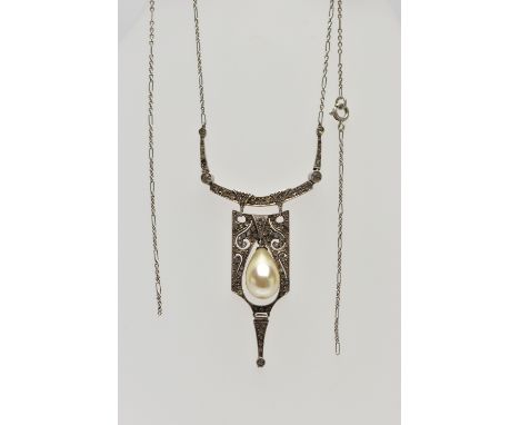 A FRENCH SILVER PENDANT NECKLACE, the art deco style drop pendant suspending a baroque imitation pearl, within a silver mount