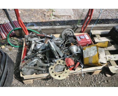 TWO PALLETS OF GO CART PARTS including petrol engine and electric components, cogs, gears, handle bars, pull start mechanisms