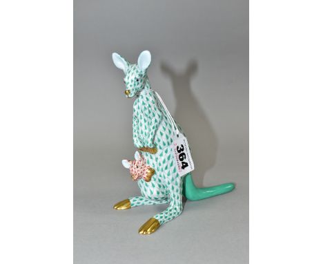 A HEREND FIGURE OF A KANGAROO AND JOEY IN POUCH, no. 5328, adult in green fish net and joey in rust red fish net, printed, pa