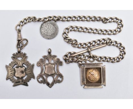 AN EARLY 20TH CENTURY SILVER ALBERT CHAIN WITH THREE SILVER FOBS, the curb link Albert chain with T-bar and lobster clasp, su