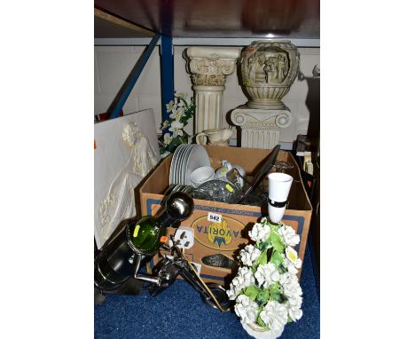 ONE BOX OF GLASSWARE AND MISCELLANEOUS ITEMS, to include a china table lamp of white carnations, height 42cm to top of light 