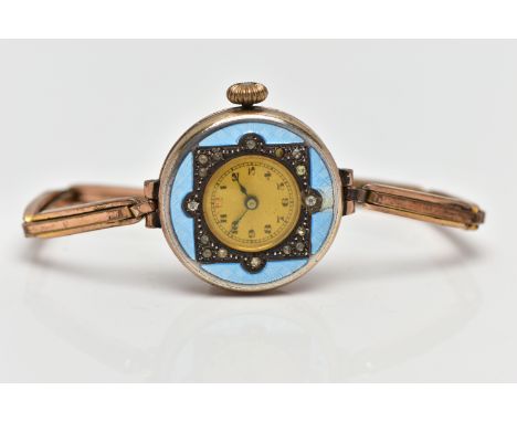 A LADIES GOLD PLATED ENAMEL WRISTWATCH, AF hand wound movement (non-running), round gold tone dial, Arabic red twelve and bla