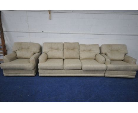 A MODERN ETHOS FOR G PLAN OATMEAL UPHOLSTERED THREE PIECE LOUNGE SUITE, comprising a three seater sofa, length 203cm x depth 