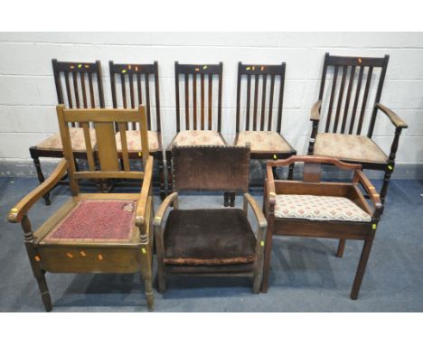 A SET OF FIVE OAK DINING CHAIRS, including one carver, along with a beech dressing stool, a commode chair and a nursing chair