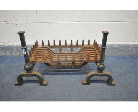 A CAST IRON FIRE GRATE, on a pair of andirons (condition - some rust) (3)