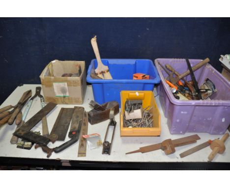THREE TUBS OF VINTAGE TOOLS to include garden sheers, coffin plane, T-square, files, chisels, hammers, Stanley 5061 marking g