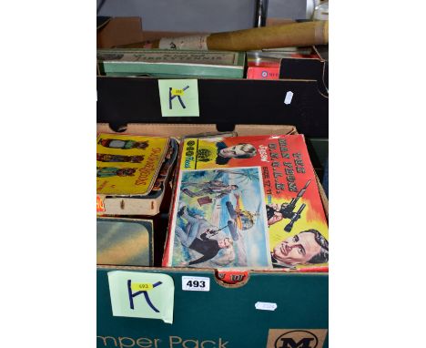 THREE BOXES OF VINTAGE TOYS AND GAMES, to include a boxed Pelham Puppet Witch, in distressed box and an empty Pelham Puppet b