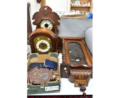 A BOX AND LOOSE CLOCKS, CLOCK PARTS AND CASES, to include two cases for wall clocks, three clocks requiring restoration, incl