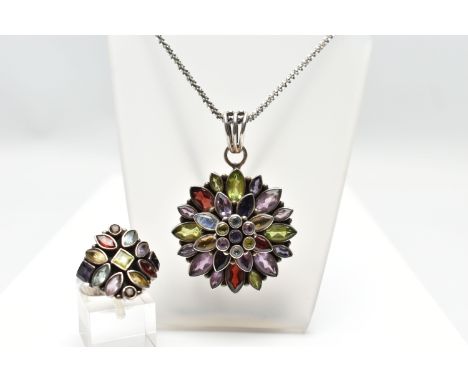 A SILVER AND MULTI GEM SET NECKLACE AND GEMSET RING, a floral silver pendant, set with multiple semi-precious circular and ma