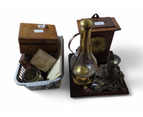 An oak cased mantel clock, a silverplated candlestick and various other decorative items