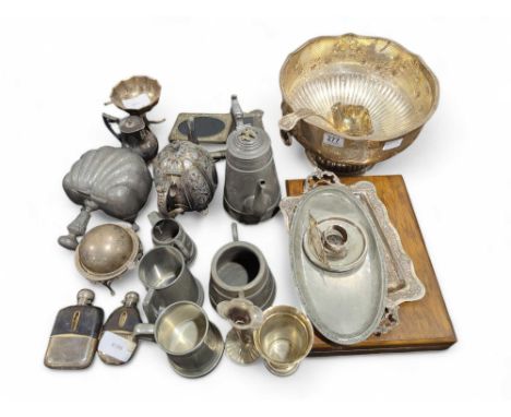 A large silver plated punch bowl and ladle, other silver plate and pewter, decorative silver metal tray and other items