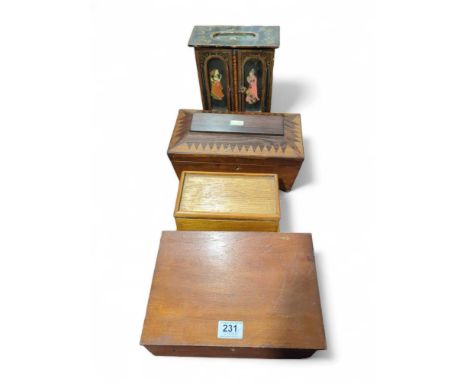 A 19th Century marquetry tea caddy, a small painted wood cabinet and two  other wood boxes