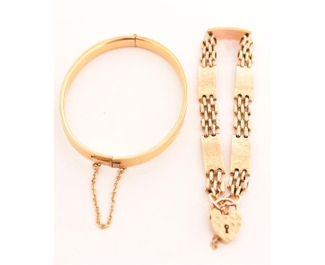 A 9ct gold 3 bar gate bracelet, hallmarked, with 5 engraved decorative gold bars. Weight 12.1 grams and one other bracelet, m