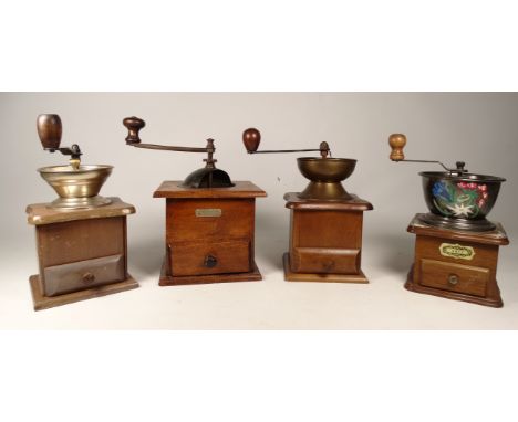 An early 20th century French coffee grinder - the square beech box case with iron fittings and a drawer, height 24cm, togethe