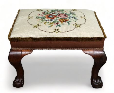 A George III style mahogany stool - with a rectangular upholstered tapestry seat above short cabriole legs ending in ball and