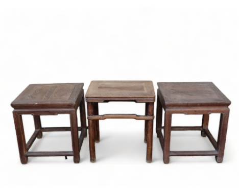 A late 19th century Chinese rectangular oriental hardwood table - the cleated panel top on turned legs joined by high periphe