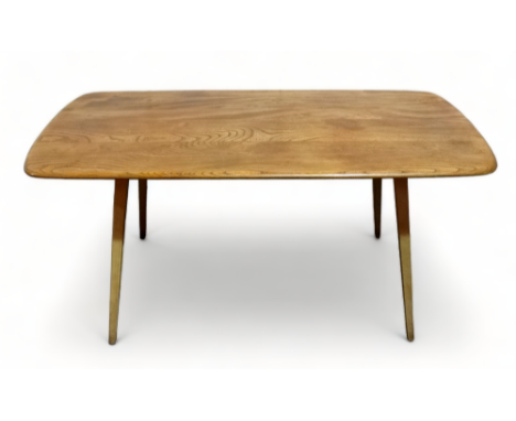 An Ercol elm and beech Windsor dining table - model 382, the plank top above splayed tapered square legs, 151 x 77cm.