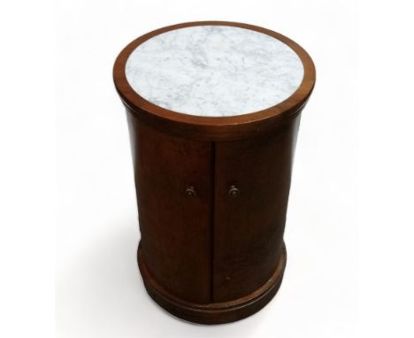 A 19th century mahogany and marble top bedside commode - circular with a pair of doors and raised on a plinth base, 47 x 71cm