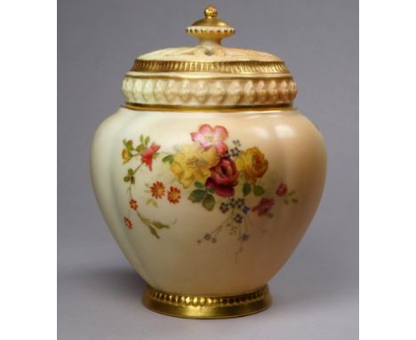 A Royal Worcester blush ivory potpourri - with reticulated cover and solid inner cover, decorated with summer flowers, circa 