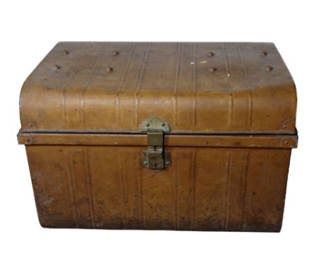 An early 20th century tin trunk - sepia painted with twin handles and a brass hasp, 65 x 45 x 42cm.