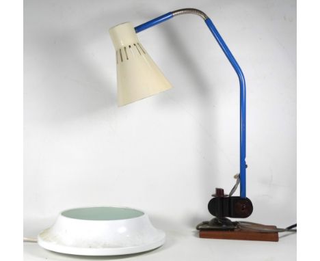 A vintage desk lamp - with white shade on a blue rod support incorporating a gooseneck, height 64cm, together with a circular