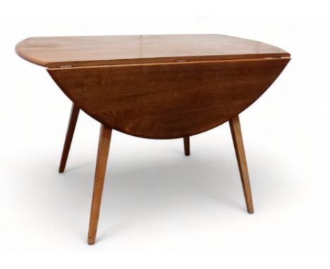 An Ercol elm and beech oval drop leaf Windsor dining table - model 384, with splayed tapered square legs, 113 x 124cm.