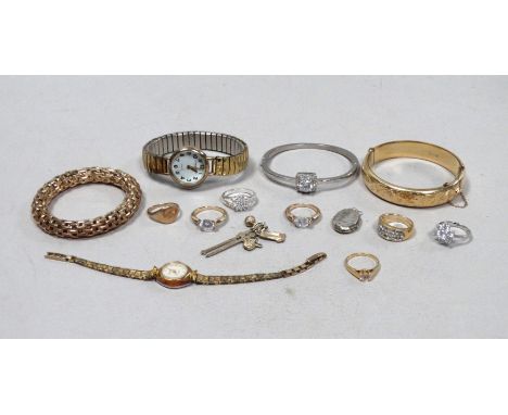 A small quantity of costume jewellery - including a gilt metal bangle and two wristwatches.