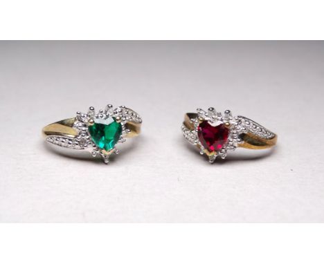 A 9ct gold ruby and diamond set ring - with a heart shaped central stone, weight  2.2g, together with another similar ring se