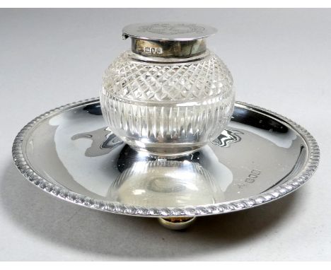 A silver and cut glass inkwell - London 1900, Horace Woodward &amp; Co Ltd, the globe shaped body with a lid bearing the init