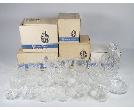 A collection of 20th century cut glass - including a square decanter, brandy glasses and tumblers. (qty)