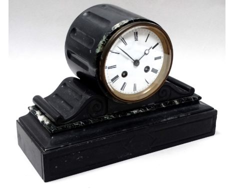A late 19th century black slate mantel clock - with green marble mounts, the white enamel dial set out in Roman numerals, hei