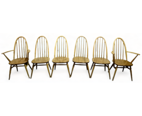 A set of six Ercol elm and beech Quaker style dining chairs - including two with arms, model 365 and 365a, with hoop stick ba