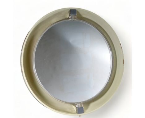 A 1970s back lit plastic circular salon mirror - on swivel supports within a white surround, electrics and light to rear, dia