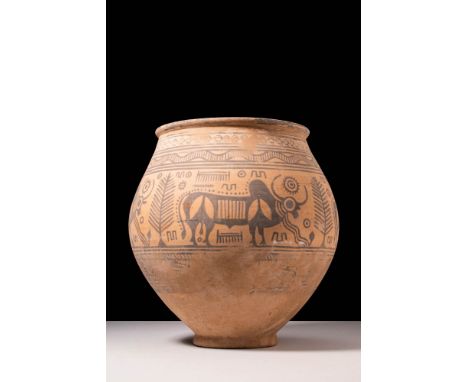 Ca. 3000 - 2000 BC An Indus Valley wheel-thrown jar decorated with a geometric motif and a procession of zebu bulls. It has a