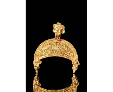 Ca. 300 - 100 BC A beautiful Greek Hellenistic 21 ct gold pendant in the form of a crescent moon filled with spirals and curv