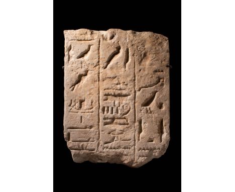 New Kingdom, 19th to 20th Dynasty, Ca. 1291 - 1070 BC A large limestone fragment from a tomb's wall, inscribed with three ver