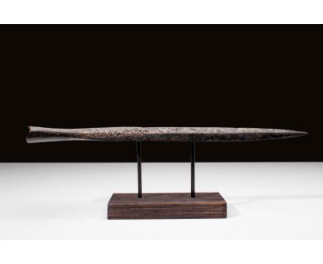 Ca. AD 800 - 1000 A large Viking iron spearhead with a long double-edged blade. The blade is embellished with an inlaid silve